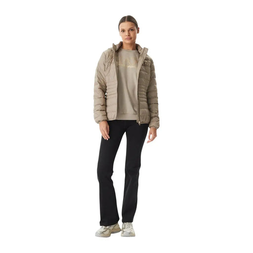 Ea7 Doudoune beige en polyester pour femme, matelassée, avec capuche et fermeture éclair sur le devant.