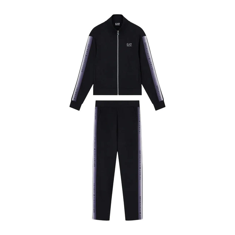 Schwarzer EA7 Damen-Jumpsuit aus Baumwollmischgewebe mit silbernen Logostreifen an Ärmeln und Beinen – perfekt für Herbst und Winter.