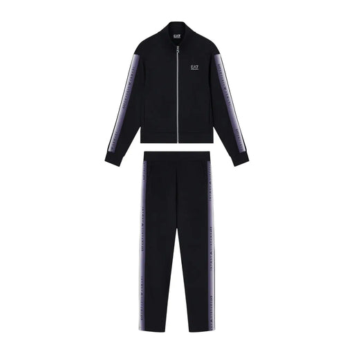 Combinaison EA7 pour femme, en mélange de coton noir, ornée de rayures argentées à logo le long des manches et des jambes, idéale pour l'automne et l'hiver.