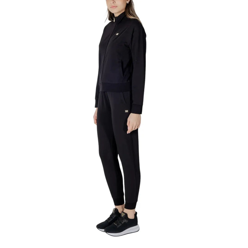 Ea7 women black cotton jumpsuit zip mandarin with smooth fabric zip-up jacket and tapered joggers with subtle branding