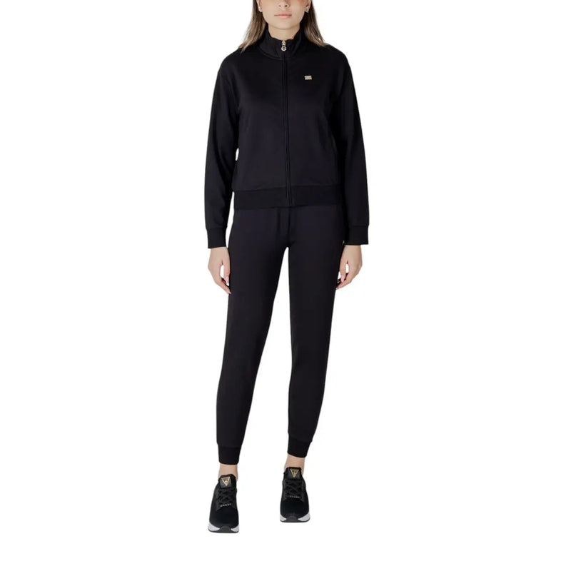 Ea7 women black cotton zip-up track jacket with mandarin collar and small logo on left chest