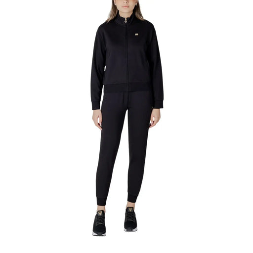 Ea7 Veste de survêtement noire en coton pour femme, fermeture éclair, col mandarin et petit logo sur la poitrine gauche.