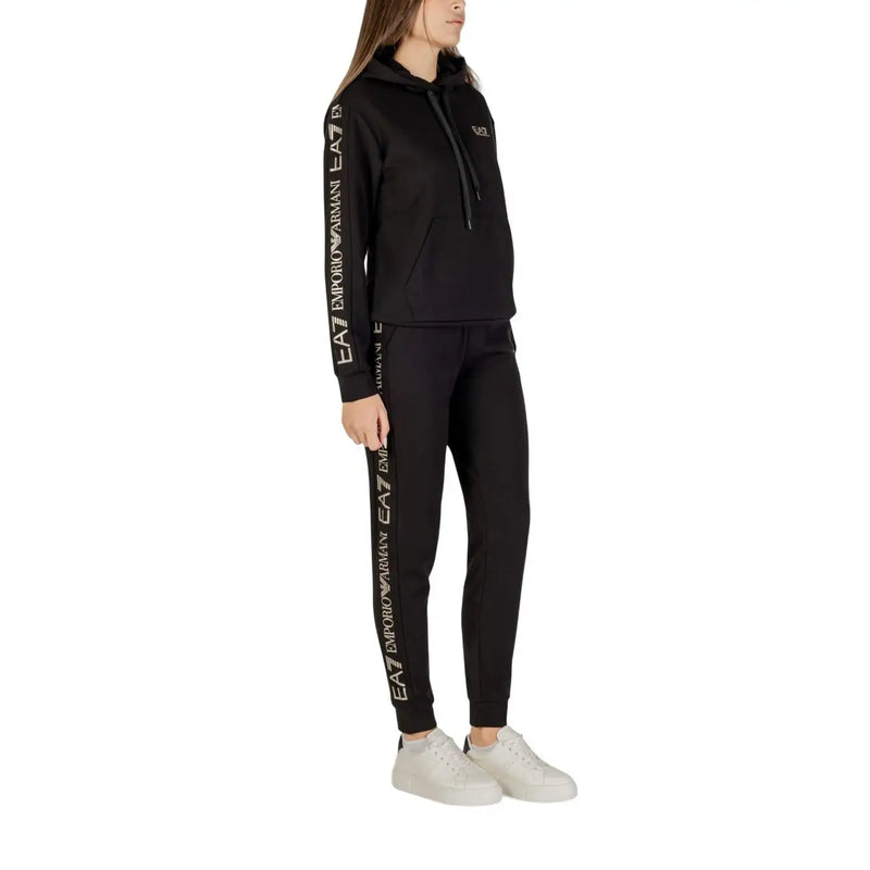 Ea7 women black hooded jumpsuit polyester blend with white logo branding on sleeves and legs in hoodie and joggers set
