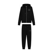 Ea7 Schwarzer Damen-Overall mit Kapuze aus Polyestergemisch mit weißen Logo-Details, bestehend aus Kapuze mit Reißverschluss und Jogginghose.