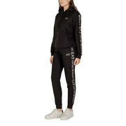 Black ea7 emporio armani women hooded jumpsuit in polyester blend with white logo branding on sleeves and legs
