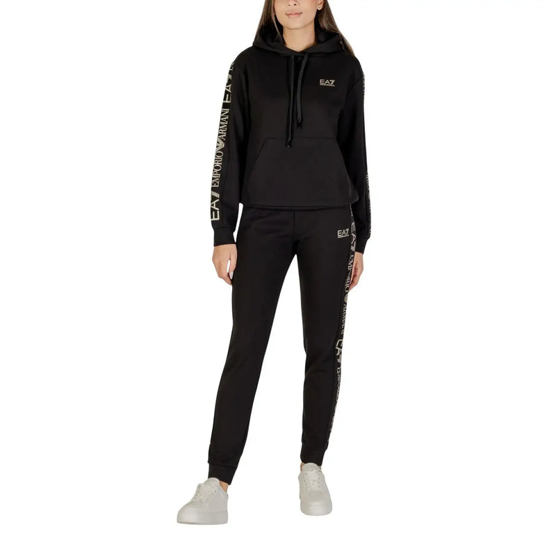Ea7 women black hooded jumpsuit in polyester blend with white logo branding on sleeves and side seams