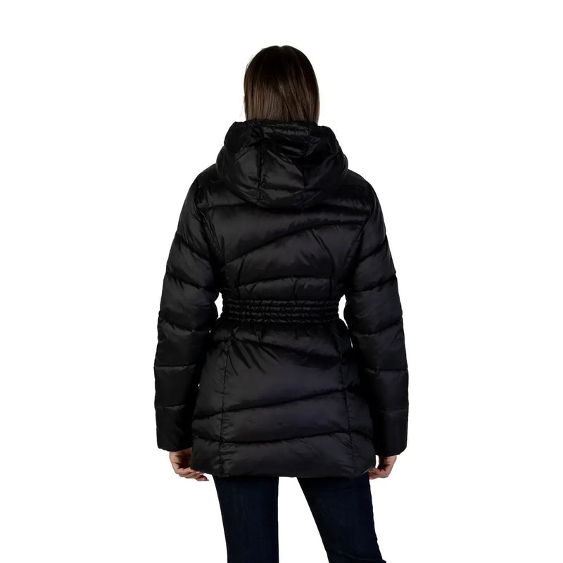 Ea7 Schwarze Damen-Winterjacke mit Kapuze aus Polyamid mit Steppdesign und elastischem Bund