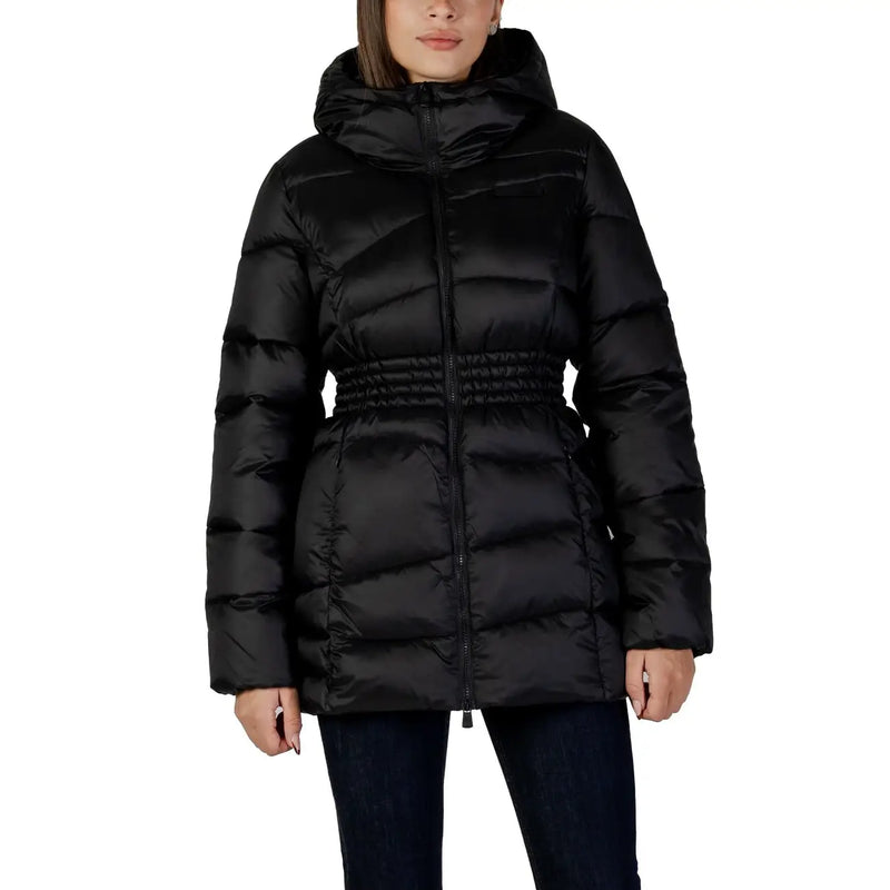 Ea7 Schwarzer, gesteppter Damen-Daunenmantel mit Kapuze und elastischem Bund aus Polyamid für den Winter