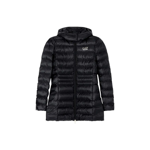 Ea7 Doudoune d'hiver noire à capuche pour femme en polyester, matelassée horizontalement et ornée d'un logo sur la poitrine gauche.