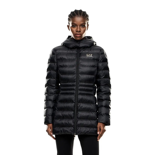 Ea7 Doudoune d'hiver noire à capuche pour femme en polyester, avec surpiqûres horizontales et logo ea7 sur la poitrine gauche.