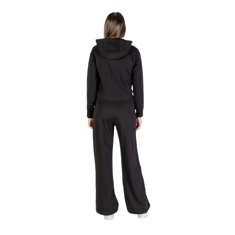 Ea7 women cotton black hooded zip jumpsuit set with sweatshirt and wide-leg pants in front view