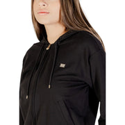 Ea7 women cotton black jumpsuit hooded zip with gold-tone zipper drawstrings and metallic logo patch on chest