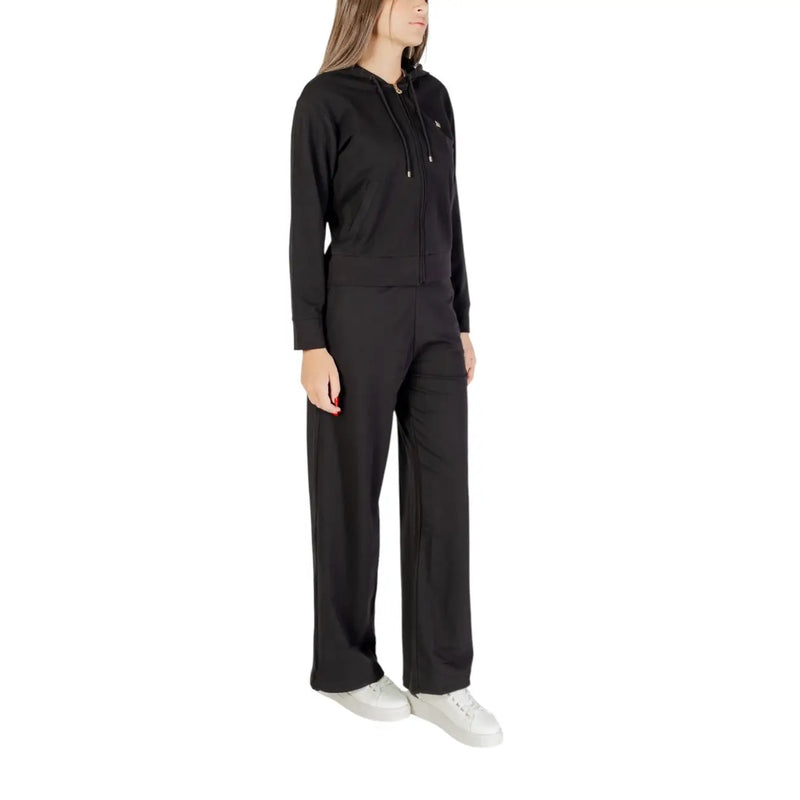 EA7 women cotton black jumpsuit hooded zip with soft fabric, subtle brand logo, zip-up hoodie, and wide-leg pants