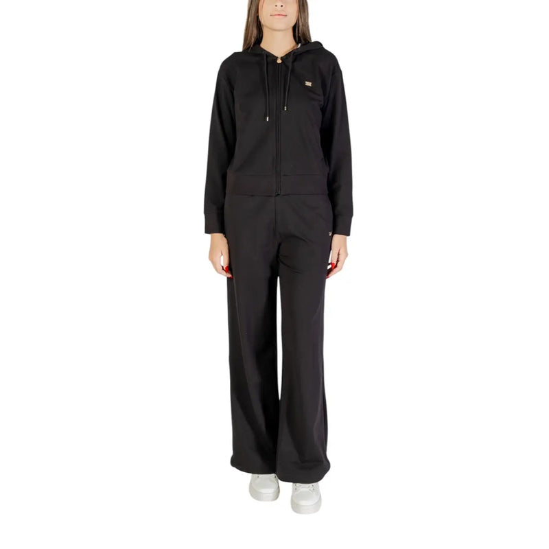 Ea7 women cotton black jumpsuit hooded zip featuring a black zip-up hoodie with gold logo and matching wide-leg pants