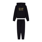 Black ea7 emporio armani cotton hoodie and joggers set with gold embossed logo for women fall wear