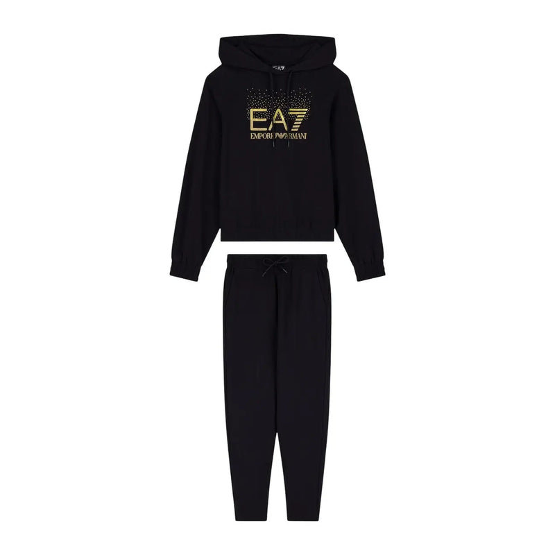Black ea7 emporio armani cotton hoodie and joggers set with gold embossed logo for women fall wear