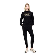 Ea7 women cotton jumpsuit black hooded fall wear featuring black ea7 emporio armani hoodie with gold embroidered logo and matching joggers