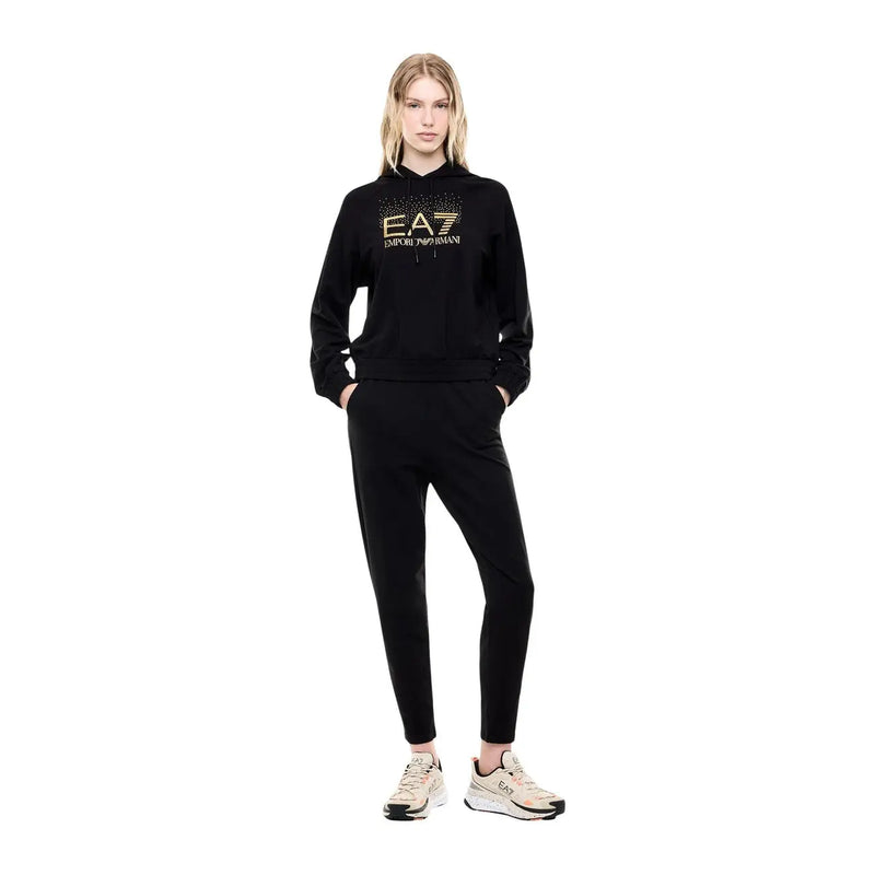 Ea7 women cotton jumpsuit black hooded fall wear featuring black ea7 emporio armani hoodie with gold embroidered logo and matching joggers