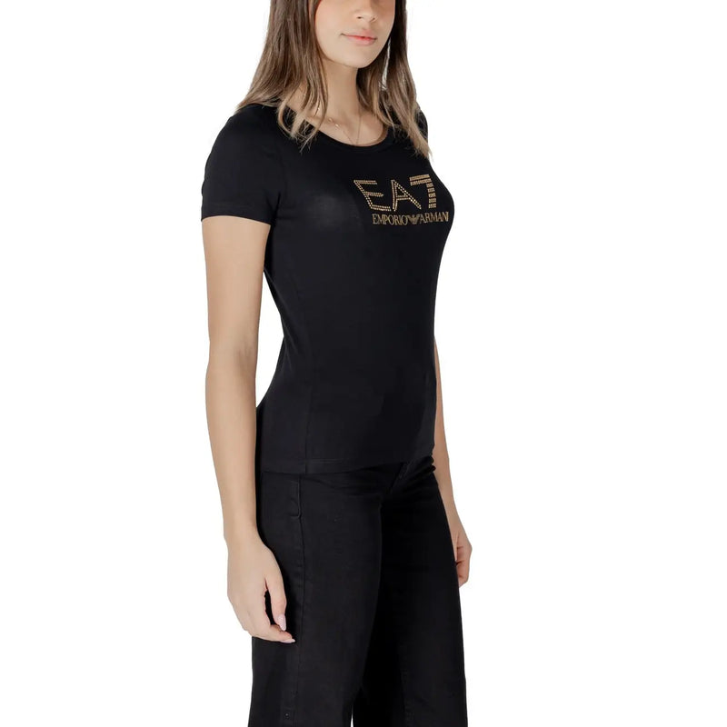 Black short-sleeved ea7 emporio armani cotton modal t shirt with gold embroidered logo for women