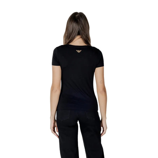 Ea7 Schwarzes Damen-T-Shirt aus Baumwoll-Modal mit kurzen Ärmeln und goldgesticktem Adlerlogo am Halsausschnitt