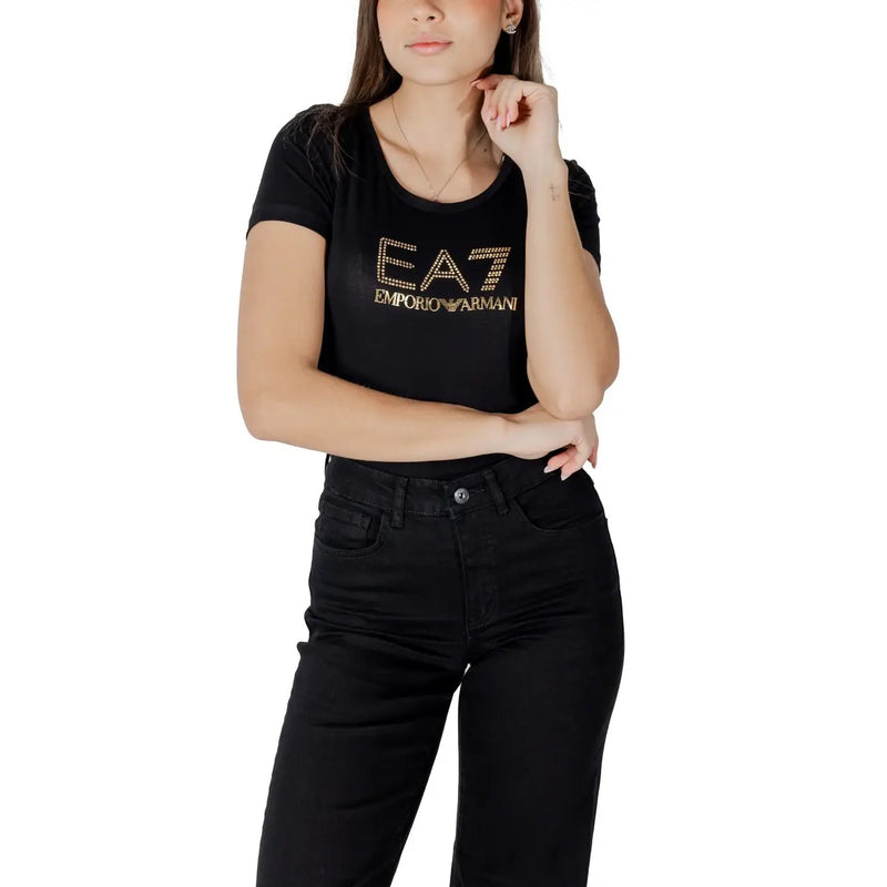 Black ea7 emporio armani cotton modal short-sleeved t shirt with gold rhinestone lettering and round neck design