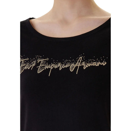 Ea7 Schwarzes Damen-T-Shirt aus Baumwolle mit kurzen Ärmeln, Rundhalsausschnitt und goldenem Strass-Emporio-Armani-Logo auf der Brust