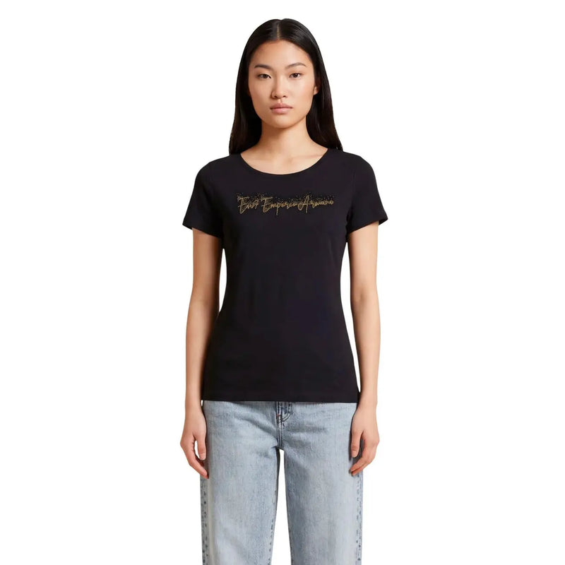 Ea7 women cotton short sleeve round neck t shirt black with gold glitter Emporio Armani script logo across the chest