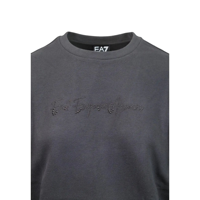 Dunkelgraues EA7-Sweatshirt aus Baumwolle mit einem funkelnden, gestickten Emporio Armani-Logo auf der Brust.