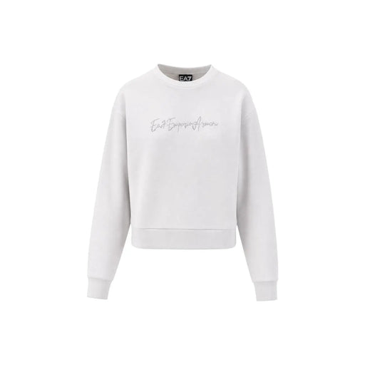 Sweat-shirt Emporio Armani EA7 blanc avec broderie argentée discrète sur la poitrine, en coton gris.