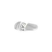 Ea7 women slip-on white slide sandal with sleek glossy finish and Emporio Armani logo on the strap for spring summer