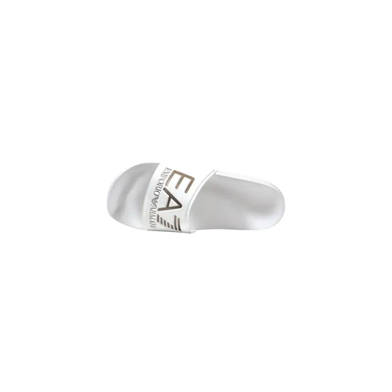 Ea7 women slip-on white slide sandal with sleek glossy finish and Emporio Armani logo on the strap for spring summer