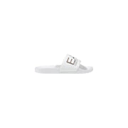 White emporio armani slide sandal with sleek minimalist design and silver logo on strap for spring summer wear