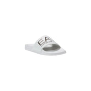 Ea7 women slip-on white slippers featuring a white emporio armani slide sandal with sleek design and bold black logo branding