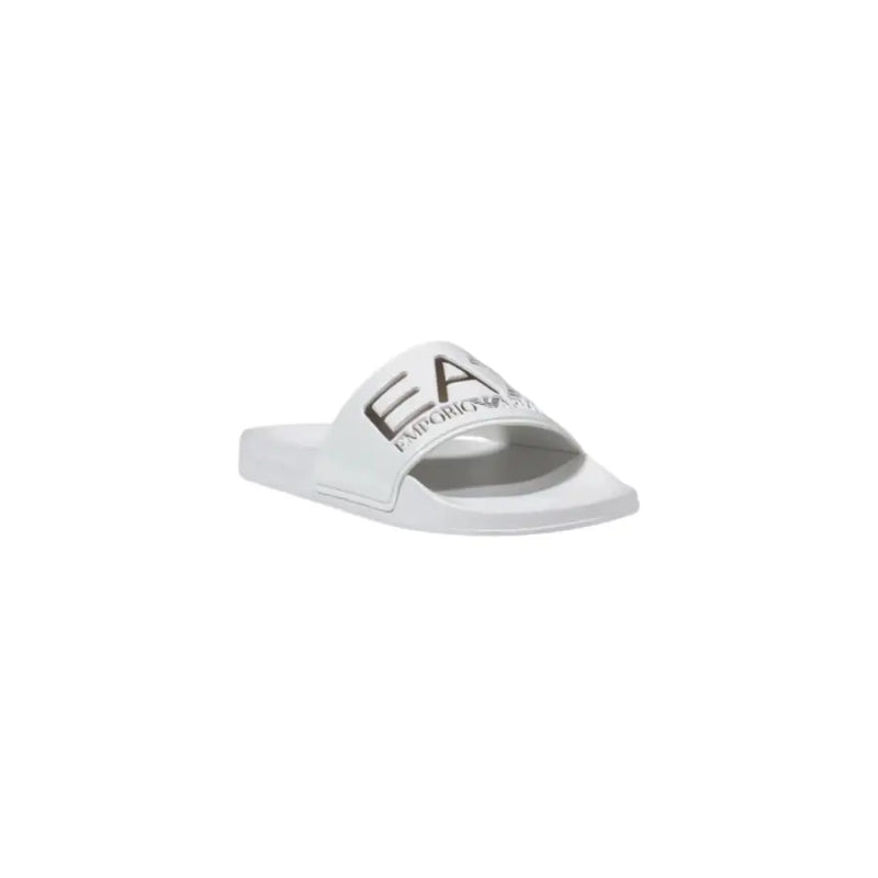 Ea7 women slip-on white slippers featuring a white emporio armani slide sandal with sleek design and bold black logo branding