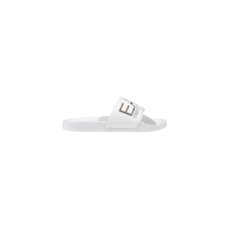 White emporio armani slide sandal with sleek minimalist design and silver logo on strap for spring summer wear