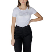 White short-sleeved Ea7 women spring summer t shirt with round neck and sparkling silver logo across the chest