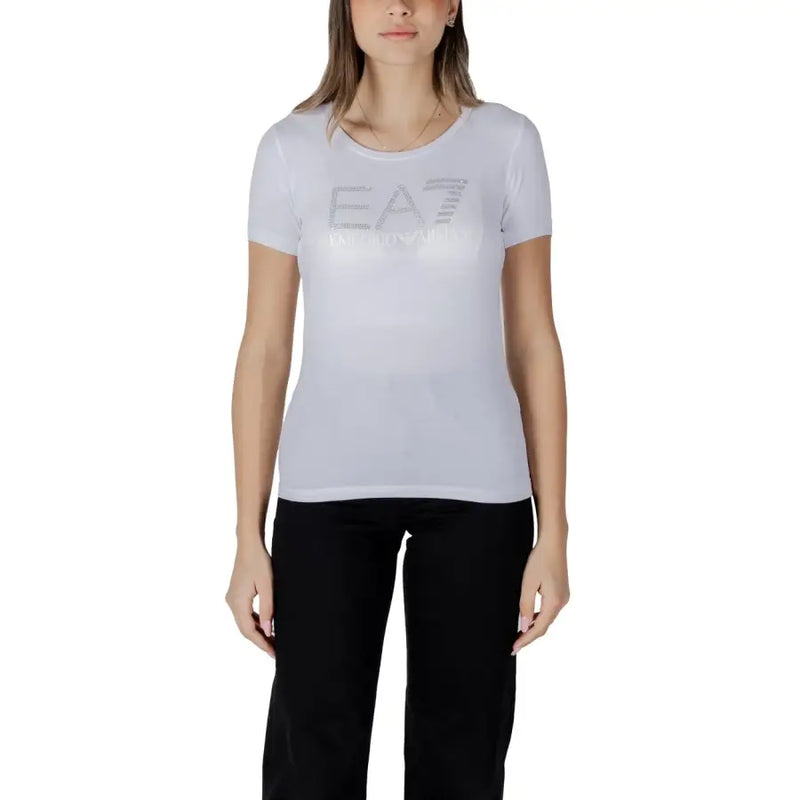 Ea7 women white short-sleeved t shirt with silver ea7 logo and sparkling embellishments across the chest