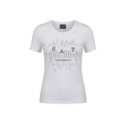 White ea7 emporio armani women’s cotton round neck t-shirt with bold black graphic logo and text design