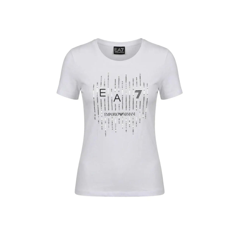White ea7 emporio armani women’s cotton round neck t-shirt with bold black graphic logo and text design