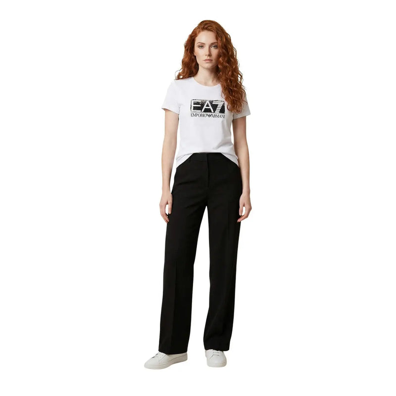 Ea7 women white cotton round neck short sleeve t shirt with bold black emporio armani logo graphic on front