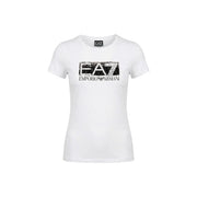 Ea7 women white cotton round neck short sleeve t shirt with bold black distressed emporio armani logo on chest