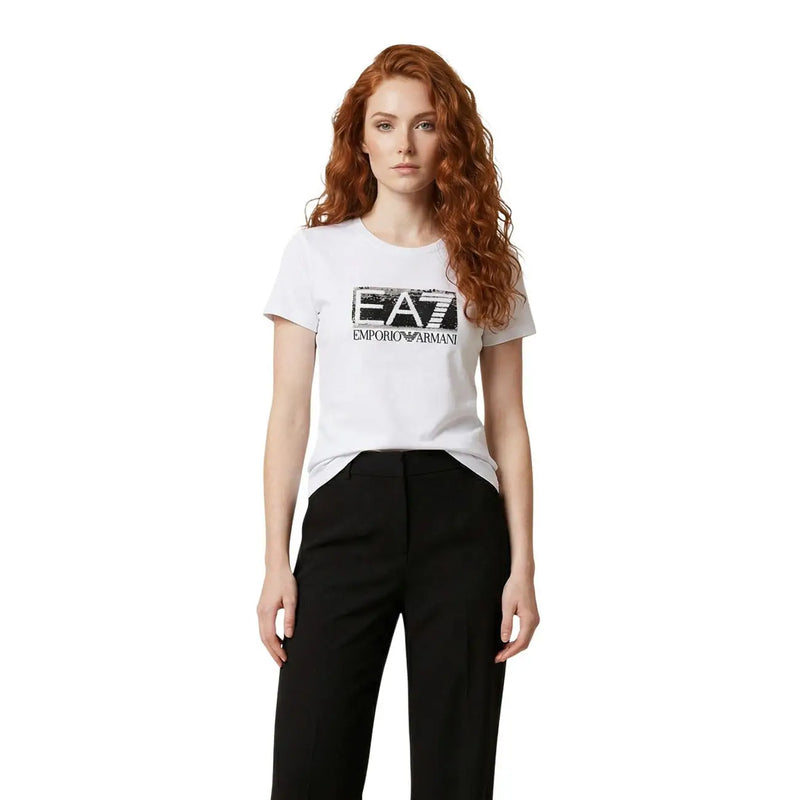 White cotton round neck short sleeve t shirt for women with black ea7 emporio armani logo print