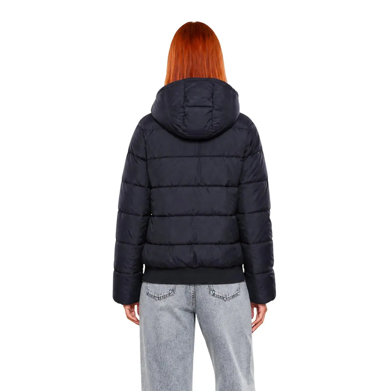 Schwarze, gesteppte EA7 Damen-Winterjacke mit Kapuze aus Polyester und Frontreißverschluss