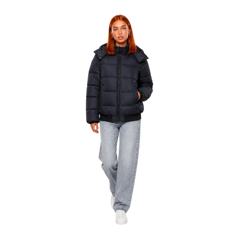 Schwarze, gesteppte EA7 Damen-Winterjacke mit Kapuze und Frontreißverschluss aus Polyester für kaltes Wetter