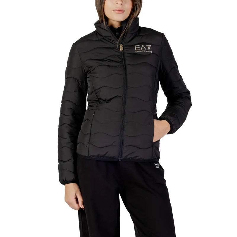 Black ea7 emporio armani quilted puffer jacket with high collar and zipper closure for women