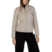 Ea7 women’s beige puffer jacket with quilted design turtleneck and zip pockets featuring subtle logo on chest