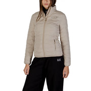Ea7 women’s beige long quilted puffer jacket with turtleneck, zip pockets, and subtle chest logo