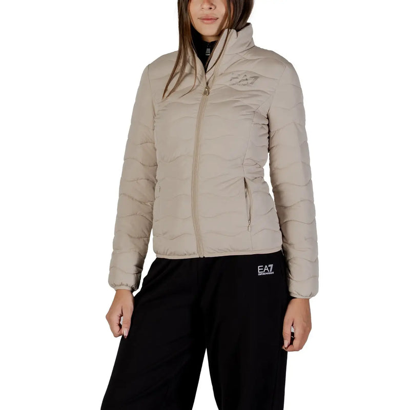 Ea7 women’s beige long quilted puffer jacket with turtleneck, zip pockets, and subtle chest logo
