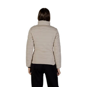 Ea7 women’s beige quilted puffer jacket with high collar long sleeves and zip pockets for cold weather