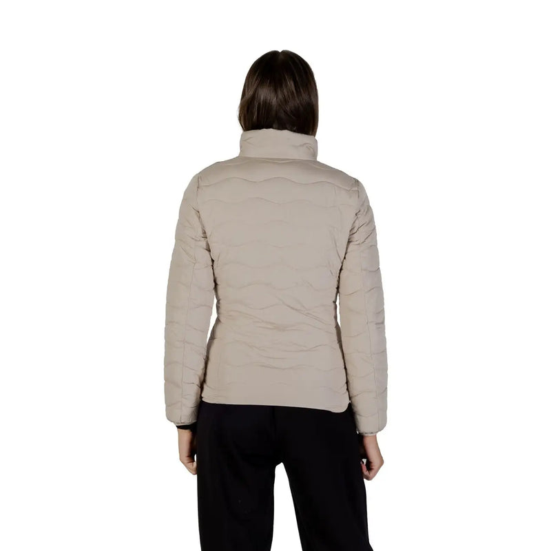 Ea7 women’s beige quilted puffer jacket with high collar long sleeves and zip pockets for cold weather